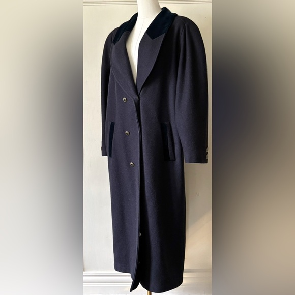 Vintage Navy Wool With Velvet Accent Classic Old‎ Money Full Length Overcoat - Picture 6 of 11